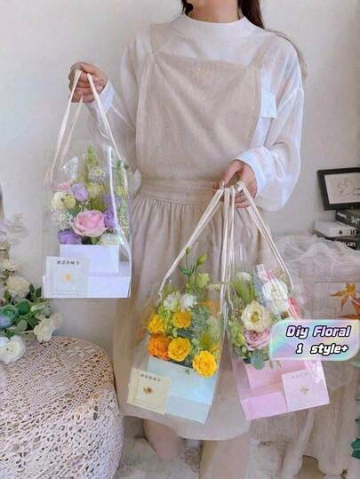 SHEIN 1 Hộp cắm hoa cầm tay bằng nhựa trong suốt, hộp quà hoa tự làm, vật trang trí bàn tiệc cho đám cưới, sinh nhật, Lễ tình nhân, Ngày của Mẹ, đồ dùng đang thịnh hành hiện nay