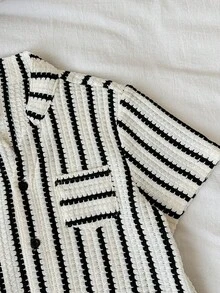 SHEIN 2pcs Young Boys' Spring/Summer Casual Striped Short Sleeve Shirt And Shorts Set, Vacation Style Outfits - Black and White - View 5