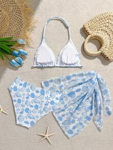 SHEIN Bộ bikini dệt kim 3 mảnh dễ thương dành cho thiếu nữ, họa tiết vỏ sò, sao biển, sứa, sọc xanh dương, có dây đeo điều chỉnh được, quần buộc dây bên hông và váy lưới, thích hợp cho bơi lội, đi biển, hồ bơi và kỳ nghỉ hè. - Màu xanh lam - Xem 2
