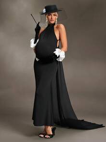 Cheriluna Maternity Đầm bầu, đầm ôm sát gợi cảm hở lưng cổ yếm dài thướt tha, đầm chụp ảnh bầu. - màu đen - Xem 3