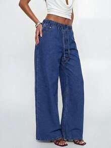 Avantive Quần jeans ống rộng nữ, cạp chun, có túi, kiểu dáng thường ngày, đa năng. - Rửa trung bình - Xem 7