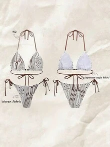 Bonvoyette Luxe 2-Piece White Crochet Lace Triangle Bikini Set For Women,Halter Neck Top With Wooden Beads,High Cut Cheeky Thong,Boho Summer Holiday Vacation - Brown - View 4