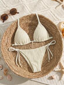 Oceva Plus Size Women's Solid Color Halter Tie Sexy Bikini And Triangle Panty Swimwear Set - Beige - View 4