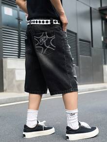 Manfinity EMRG Quần short denim đen rách họa tiết da báo phong cách thường ngày dành cho nam. - màu đen - Xem 1