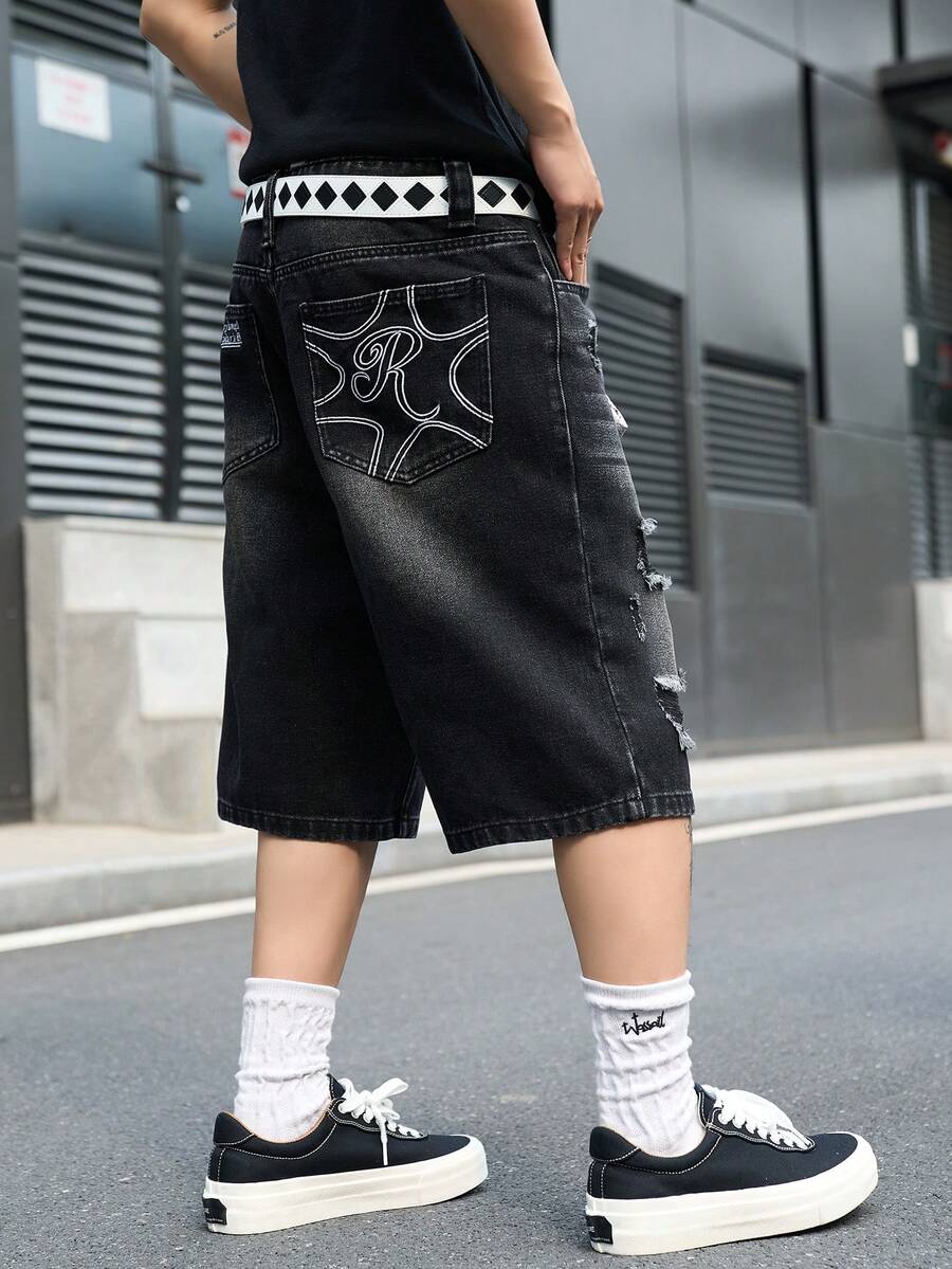 Manfinity EMRG Quần short denim đen rách họa tiết da báo phong cách thường ngày dành cho nam. - màu đen - Xem 1