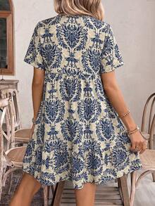 SHEIN Holidaya Váy babydoll in hoa có cổ, giản dị và thích hợp cho kỳ nghỉ - Màu xanh lam - Xem 2