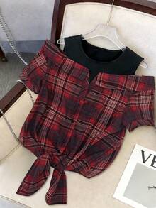 SHEIN Raffinéa 夏季休閒返校紅白格紋二合一襯衫，露肩短袖拼接上衣，V領鈕扣女式襯衫，打結下擺，校園風 - 彩色 - 查看 6