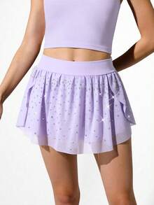 SHEIN Tween Girls Clothes ' Sports Mesh Rhinestone Fashionable Skirt, Cute, School, Back To School - Purple - View 5