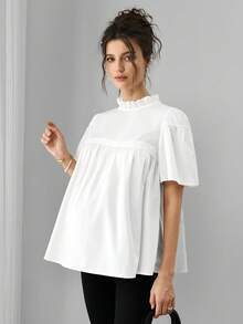 Momance Blusa de maternidad con volantes, parches de encaje y manga corta, versátil y de moda - Blanco - Ver 4
