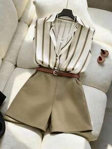 Blusa sin mangas a rayas + pantalones cortos sueltos y versátiles de moda, primavera/verano para mujer - Marrón Mocha - Ver 3