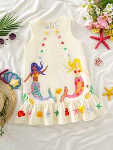 SHEIN Đầm dệt kim không tay cổ tròn in hình nàng tiên cá dễ thương dành cho bé gái - Màu xanh nhạt - Xem 4