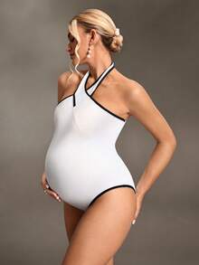 Cheriluna Maternity Mono de maternidad con cuello de halter en contraste blanco y negro, atuendo sexy y elegante para sesión de fotos, diseño cruzado al frente, ribete en blanco y negro, tela de punto doble faz, ajuste ceñido, estilos delantero y trasero, perfecto para fotografía de maternidad - Blanco y Negro - Ver 7