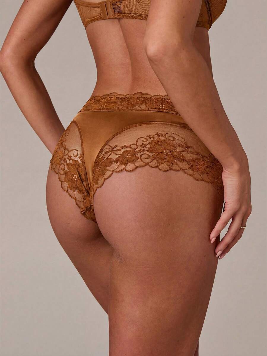 SHEIN BAE 1pc Women's Floral Lace Patchwork Comfortable Bikini Panty - Coffee Brown - View 1