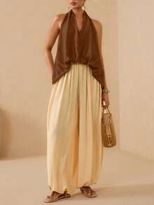 Vesra Áo tank top/áo kiểu nữ màu xanh lá cây, cổ yếm, dáng rộng, không tay, thích hợp cho kỳ nghỉ. - Cà phê nâu - Xem 5