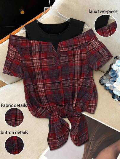 SHEIN Franclia Áo kiểu nữ cổ tròn dệt kim họa tiết kẻ caro phối 2 trong 1 thắt nơ, kiểu dáng thanh lịch thường ngày, áo hai mảnh giả cho mùa xuân/hè, áo nữ tay ngắn, áo sơ mi kẻ caro, áo kiểu nữ thường ngày.