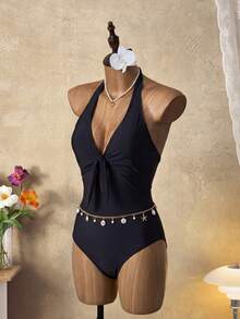 Swim Basics 1pc Sexy Backless One-Piece Swimsuit For Women, Summer Beach Vacation Slimming Black Monokini - Black - View 4