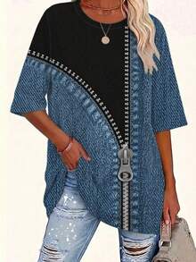 EMERY ROSE Patchwork Pattern Twill Texture Round Neck Short Sleeve Casual Plus Size T-Shirt, Spring - Multicolor - View 3
