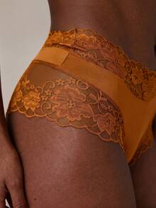SHEIN BAE 1pc Women's Floral Lace Patchwork Comfortable Bikini Panty - Coffee Brown - View 2