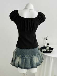 Elamini Blusa casual de verano para mujer con encaje, parches y jacquard en estilo vintage negro, con cuello Peter Pan y mangas cortas, adecuada para la oficina, citas y vacaciones - Negro - Ver 2