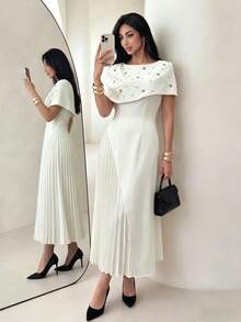 Modelyn 优雅浪漫女士亮片褶皱连衣裙，纯色荷叶边不对称领长裙 - 杏色 - 查看 8