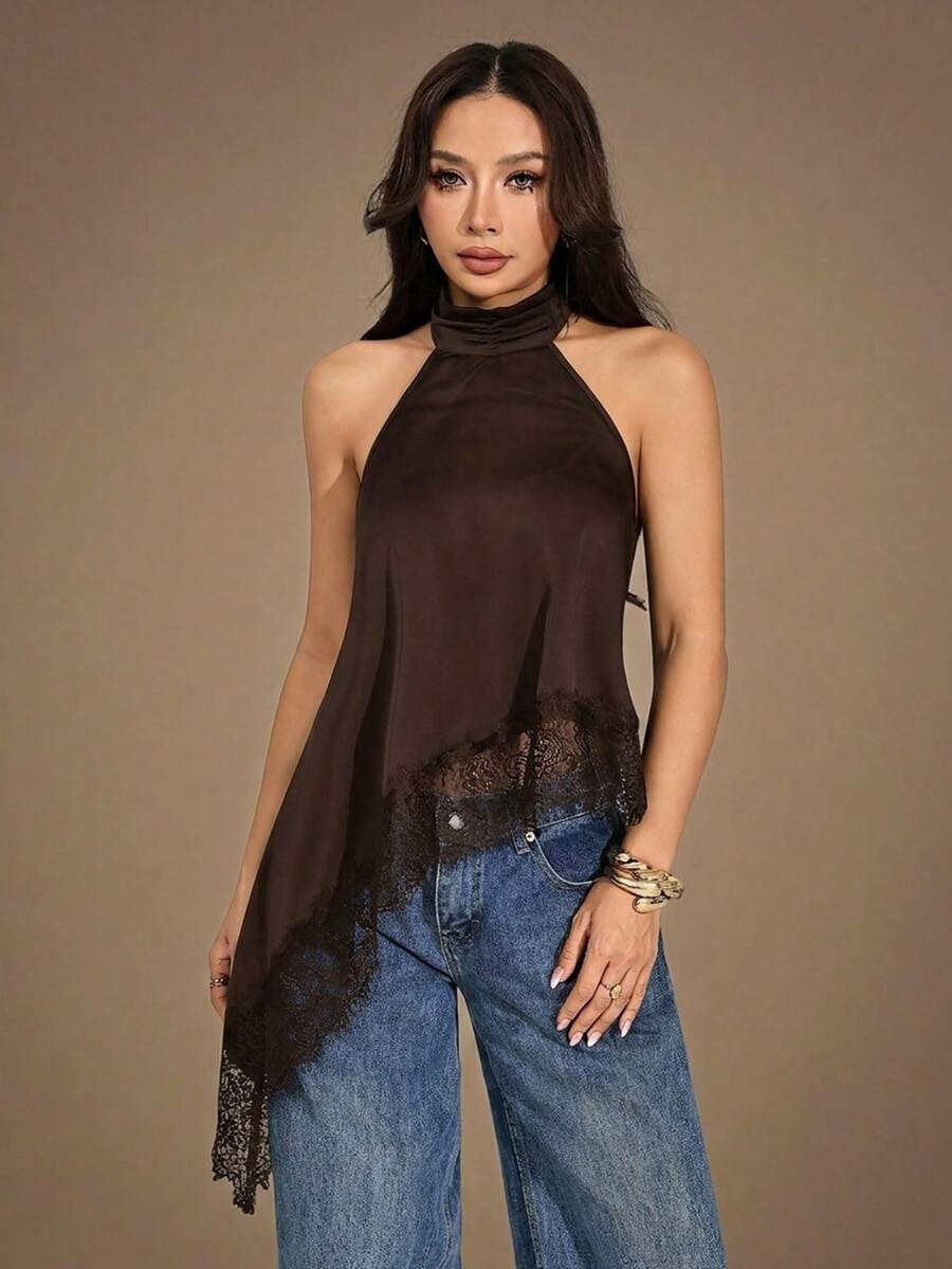 SHEIN PETITE Áo hở lưng, cổ yếm, phối ren, vạt lệch gợi cảm, thích hợp cho mùa hè. - màu nâu - Xem 1