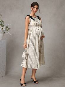 SHEIN Đầm bầu chấm bi có nơ - Màu be - Xem 5
