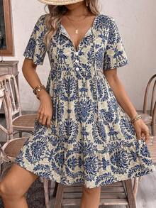 SHEIN Holidaya Váy babydoll in hoa có cổ, giản dị và thích hợp cho kỳ nghỉ - Màu xanh lam - Xem 6
