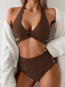 SHEIN Swim Basics Hot Selling Neck Tie Black Bikini Set, Beach Holiday Bikini Set, Beach Party Swimwear For Summer Beach Vacation - Coffee Brown - View 6