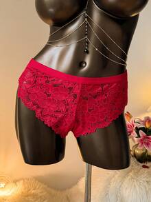 SHEIN Privé Plus Size Women's Cross Waist Sexy Lace Triangle String Panties Lingerie - Red - View 2