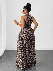 Maweii Bộ jumpsuit hở vai gợi cảm cỡ lớn in họa tiết da báo - Màu Khaki - Xem 5
