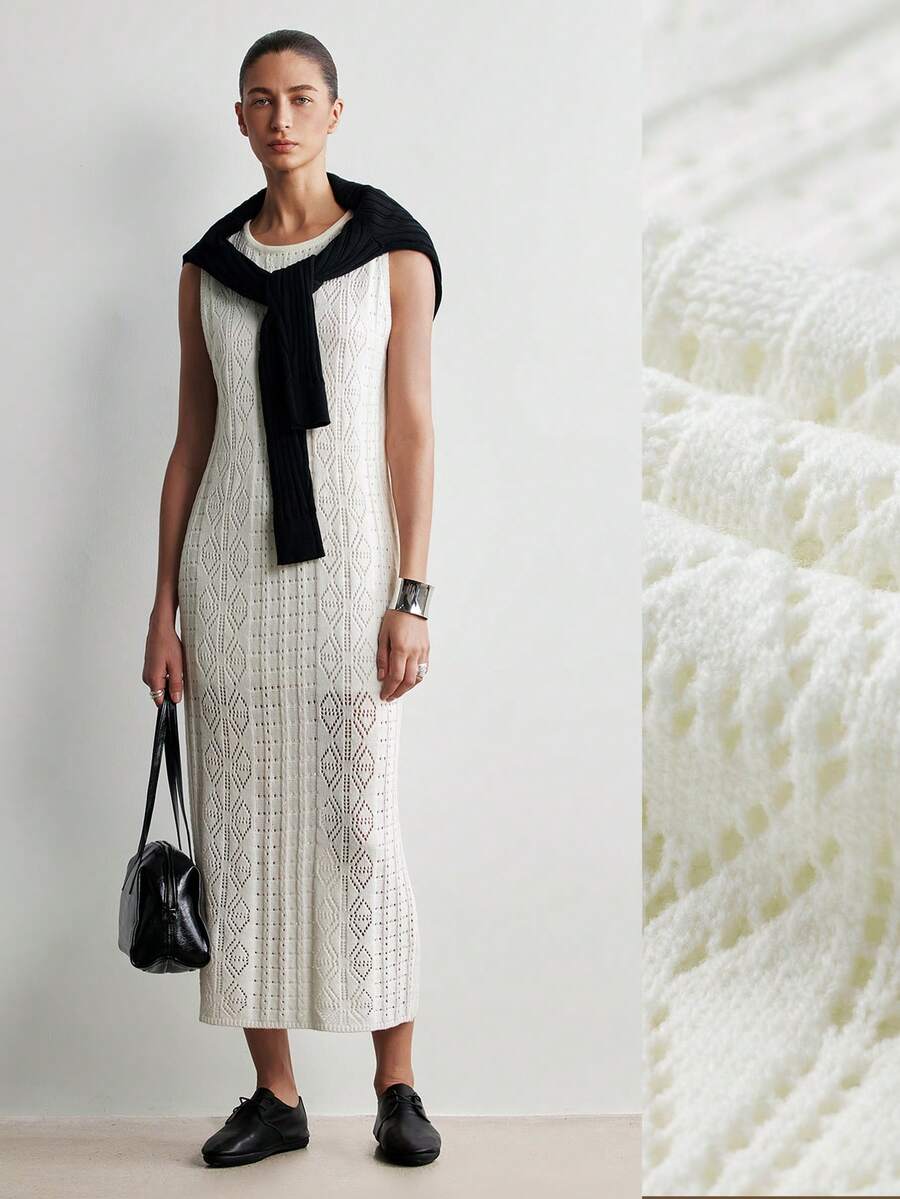 SHEIN Stylify 女士春夏新款纯色圆领修身中长镂空花卉图案法式优雅女士风格沙滩度假无袖针织连衣裙 - 白色 - 查看 1
