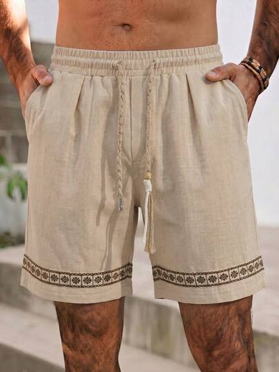 VIVINTIMO Men's Drawstring Waist Woven Belt Design Shorts, Suitable For Vacation