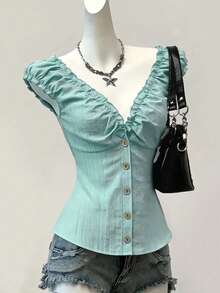 Sweetra French Retro Vertical Stripe Textured Ruffle Splice Wooden Button Petal Sleeve Women's Short Sleeve Shirt, Suitable For Spring/Summer Casual And Dating - Green - View 3