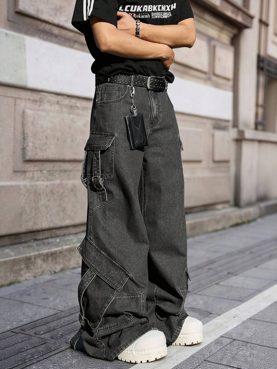Manfinity EMRG Men's Denim Wide Leg Cargo Pants - Black - View 1