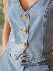 Conjunto de chaleco y shorts de mezclilla casual para mujer, de verano - Azul - Ver 8