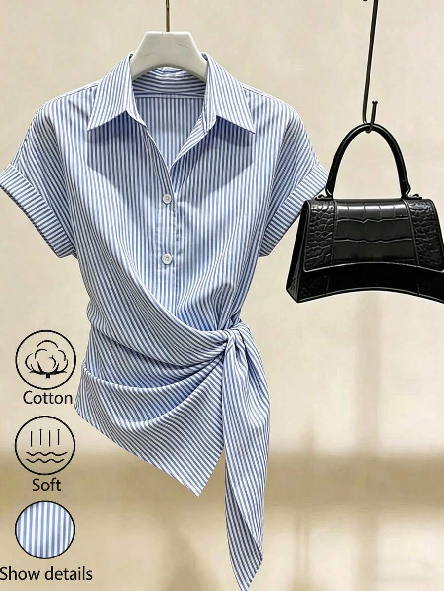 GlowEve Women's Striped Pleated Casual Versatile Daily Wear Shirt - Blue - View 1