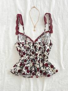 Sunnyshic Rose Print Pattern Bow Lace Camisole For Women - Multicolor - View 2