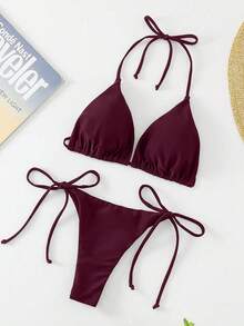 SHEIN Swim 1 套女式纯色系带绷带比基尼泳装，沙滩装 - 酒紅色 - 查看 5