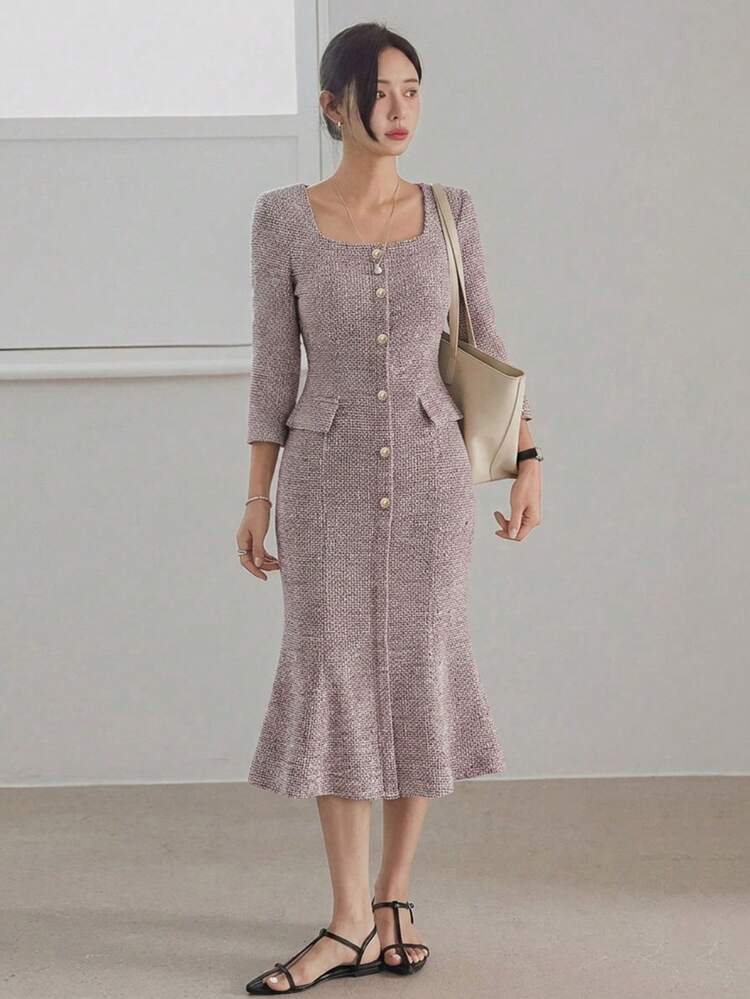 Women's Square Neck 3/4 Sleeve Elegant Midi Dress, Fitted Silhouette, Suitable For Commuting, Spring & Summer Sun Dresses For Women