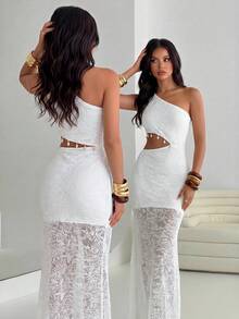 Avantive Weißes elegantes Sommer-Partykleid für Damen, Spitze, figurbetont, einseitig, lang, Y2K Vintage Rave Festival Outfit, Strand, Hochzeitsgast, Abschlussfeier - Weiss - Übersicht 1