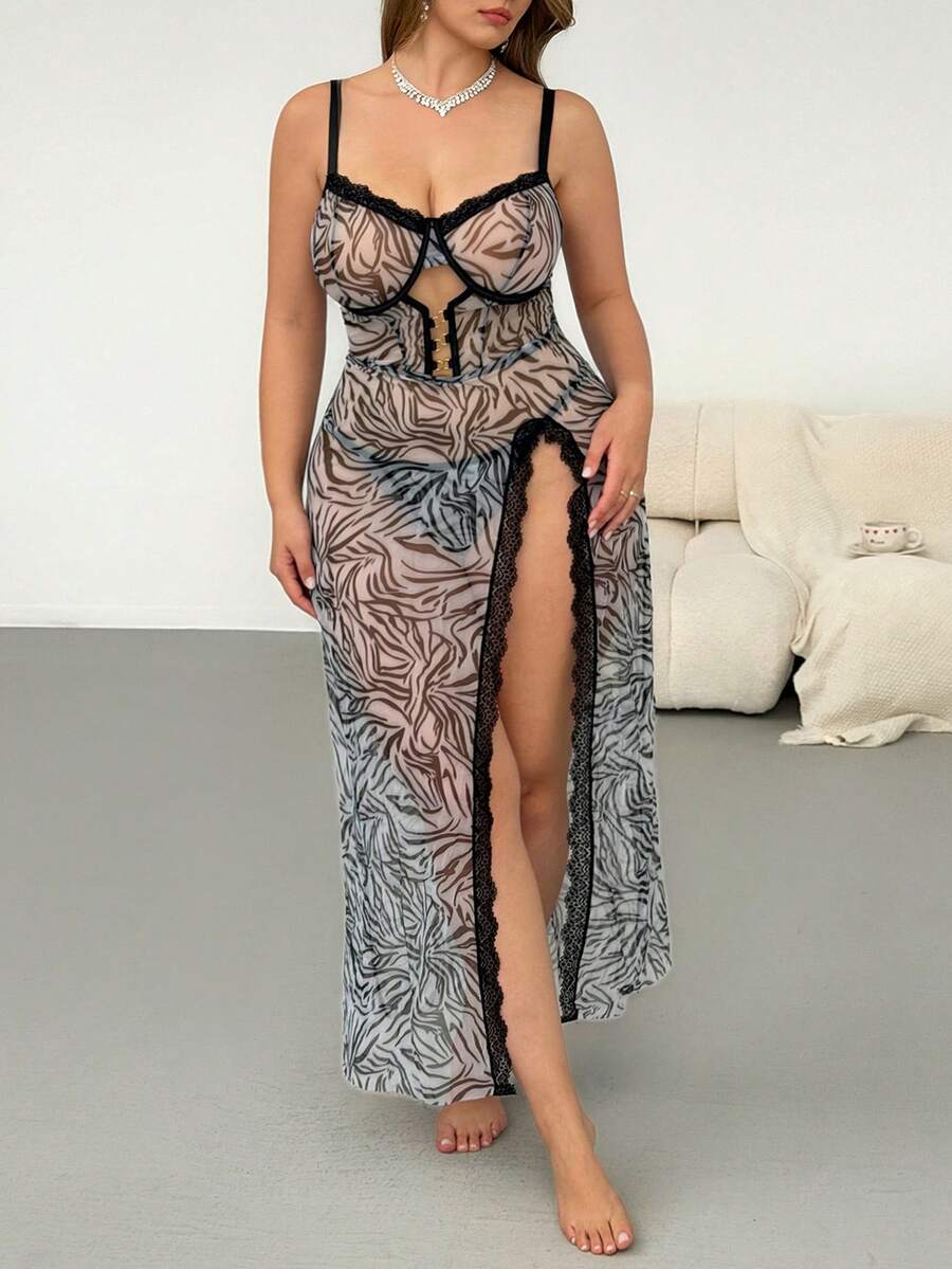 SHEIN Privé 2 件套大码网眼内衣连衣裙 + 丁字裤 - 黑與白 - 查看 1