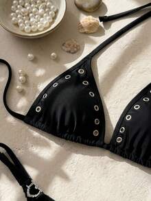 Swim SXY Áo bikini cỡ lớn có khoen cài, cúp tam giác, dây buộc điều chỉnh được, thích hợp cho kỳ nghỉ biển. - màu đen - Xem 6