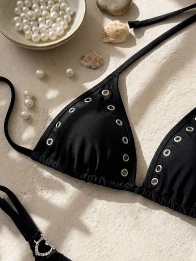 Swim SXY Áo bikini cỡ lớn có khoen cài, cúp tam giác, dây buộc điều chỉnh được, thích hợp cho kỳ nghỉ biển.