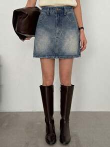 Dazy-Less Chân váy denim nữ đa năng, thoải mái, phù hợp đi làm hàng ngày, có túi. - Màu xanh lam - Xem 5