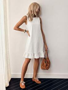EMERY ROSE Women's Summer Casual Denim Dress With Button Decor And Ruffle Hem, Sleeveless - White - View 7