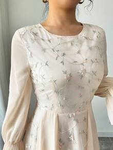 Modelyn Mesh Embroidered Chiffon Patchwork Long Sleeve Dress For Women - Apricot - View 2