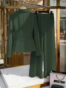 GlowEve Latest Spring Yellow Elegant Commuter Chic Waist Cinched Flare Pants With Decorative Button Design Women 2 Pieces Set - Green - View 2