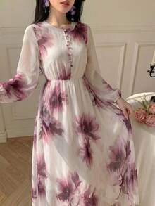 Modelyn Spring & Summer Fashion Flat Collar Long Sleeve Chiffon Floral Print Fitted Flared Dress - Multicolor - View 5