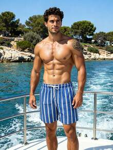 Azuldrift Shorts de playa a rayas para hombres, ropa casual de vacaciones - Azul Marino - Ver 3