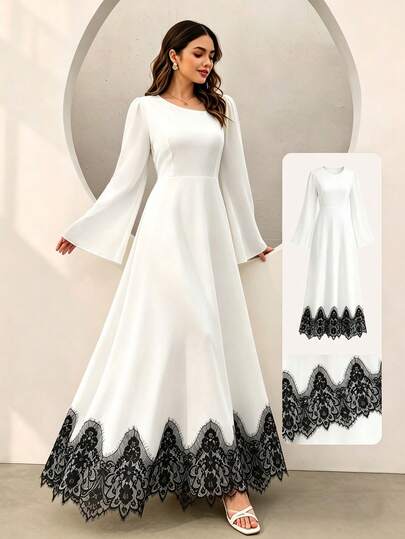 Graceveil Elegant Asymmetric Neck Lightweight Acetate Satin Color Block Lace Patchwork Long Sleeve Dress For Women